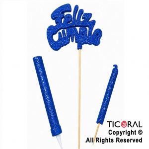 ADORNO DE TORTA SET FELIZ CUMPLE CON BENGALA Y VELA 9 CM GIBRE AZUL x 1